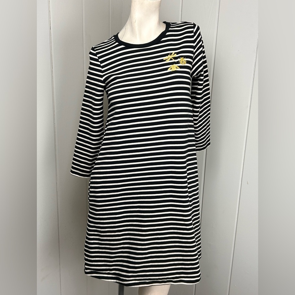 Joules Black White Striped Bee Embroidered casual shift Dress 3/4 Sleeve Size 8
